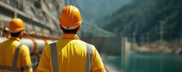 Workers upgrading the power distribution system of a hydropower station, replacing old infrastructure with modern components, photo-realistic, energy infrastructure renewal