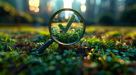 Wall Mural - A magnifying glass is used to look at a grassy area with a check mark on it