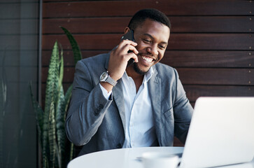 Poster - Black man, phone call and laptop for typing in office, digital notes and calendar app for schedule. Male person, talking and contact business client for negotiation on deal, online and discussion