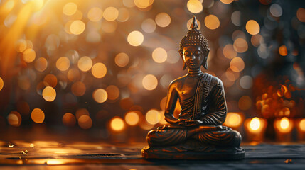 Wall Mural - Bronze buddha statue is sitting in meditation pose, creating a peaceful and spiritual atmosphere