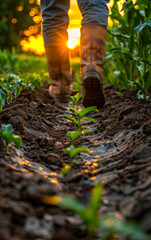 Wall Mural - A person is walking through a field of corn. The sun is setting in the background, casting a warm glow over the scene. The person is wearing boots and he is enjoying the peacefulness of the moment