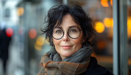 Wall Mural - A woman with glasses and a scarf is smiling. She is wearing a black coat and a scarf