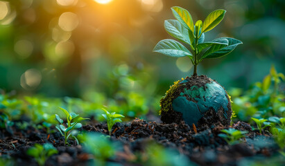 A small green plant is growing in the dirt. The plant is surrounded by other plants and the dirt is brown