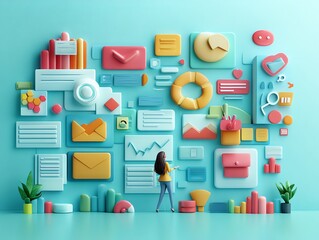 Poster - Woman Interacting with Colorful 3D UI Icons.