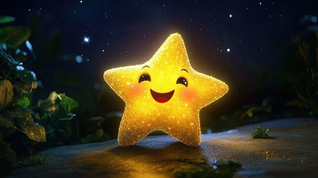 Cute cartoon starfruit with a starry expression, glowing against a night sky backdrop.