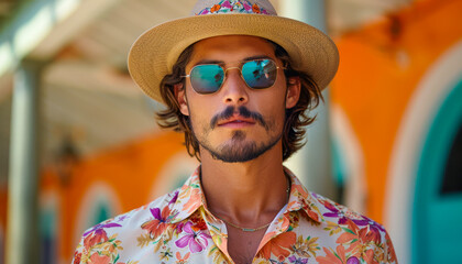 A man wearing a straw hat and sunglasses is standing in front of a building with a floral shirt