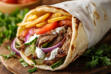 Wall Mural - A close-up of a gyro served with crispy french fries