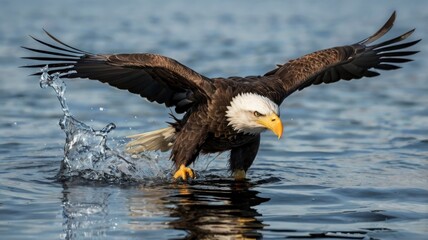 Bald eagle in flight above water, close-up 