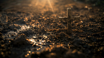 Sticker - At sunset, a wooden cross casts a shadow on the ground