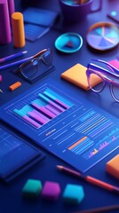 Poster - Business Data Analysis Chart, Graph, Office Supplies, and Glasses.