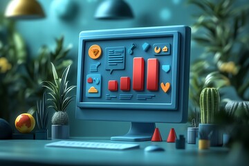 Poster - Computer screen with colorful 3D icons in a home office setting.