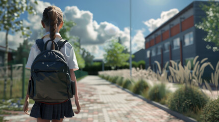 cheerful teen girl in school uniform with backpack near school