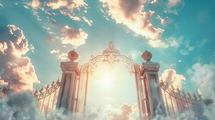 Wall Mural - The ornate gate opens to a bright light, with fluffy clouds framing the scene