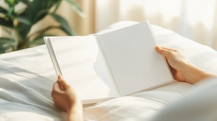 Poster - Woman reading a book in bed.