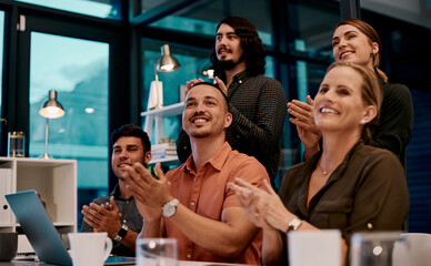 Aufkleber - Office, business people and applause in meeting for celebration, support and company success for finance update. Career, employees and clapping hands for presentation, target victory and achievement