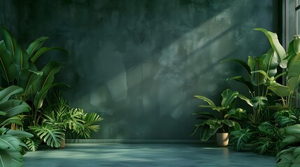 A modern living room with a dark green wall, flanked by lush green indoor plants on both sides.