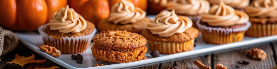 Wall Mural - Tray of Pumpkin Spice Cookies and Cupcakes with an Irresistible Dessert in the Foreground