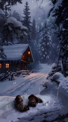 Sticker - Winter Cabin in the Woods with Snowy Path.