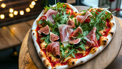 Heart-shaped gourmet pizza topped with fresh arugula, prosciutto, figs, and melted cheese, perfect for Valentine's Day or romantic dining. 