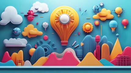 Aufkleber - Abstract colorful paper art with hot air balloon and clouds.