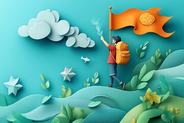 Aufkleber - 3D Paper Art Illustration of a Person Holding a Flag on a Mountain with Clouds, Stars, and Leaves.
