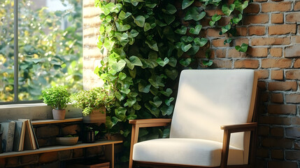 Cozy reading nook with brick wall covered in cascading ivy and trailing vines.