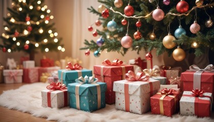 merry christmas background with a close-up of beautifully wrapped gifts under a decorated tree, soft fairy lights in the background, copy space above, high detail, vibrant color, ai