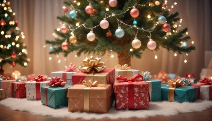 merry christmas background with a close-up of beautifully wrapped gifts under a decorated tree, soft fairy lights in the background, copy space above, high detail, vibrant color, ai