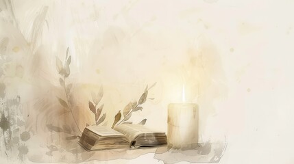 Wall Mural - Ancient Bible Illuminated by Candlelight, Christian, Historical and Sacred, Biblical Illustration, Beige Background, copyspace