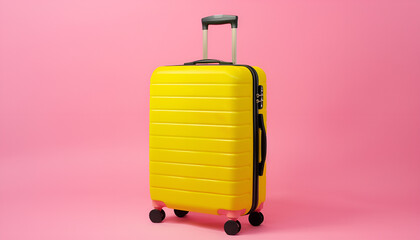 Wall Mural - One new yellow suitcase on pink background, space for text