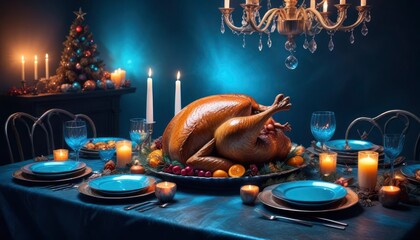 merry christmas background depicting a festive dining table set with holiday decorations, candles, and a large roast turkey, copy space to the side, cold blue neon color scheme, ai