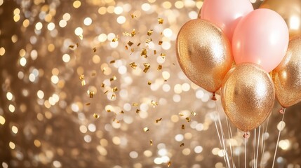 Wall Mural - Pink and gold glitter balloons with confetti against a bokeh background, creating a festive party atmosphere.