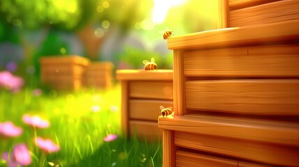 Cartoon illustration of two wooden crates on a table in front of a lush green field. Summer apiary with beehives.