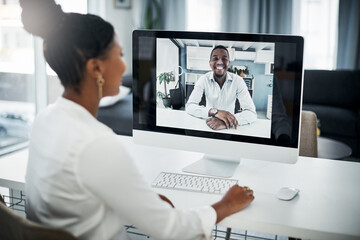 Poster - Businesswoman, computer screen and virtual meeting with worker in home for video call, remote work or online job interview. HR, businessman and technology for webinar, digital training and discussion