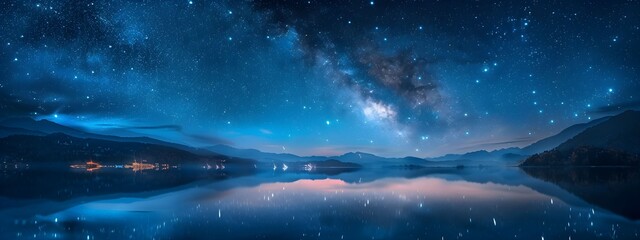 Wall Mural - Starry night sky reflecting on a calm lake in the mountains