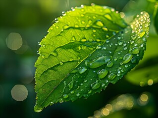 Canvas Print - Glistening green leaf with water droplets captured in close-up under natural light during early morning