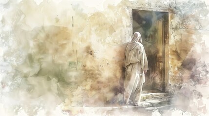 Wall Mural - Jesus Standing at the Door Knocking in Watercolor, Faith and Invitation, Biblical Illustration, Beige Background, copyspace