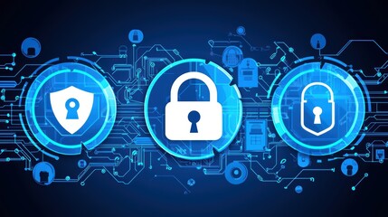 Poster - Abstract digital background featuring shield and padlock icons representing cybersecurity, protection, and data security.