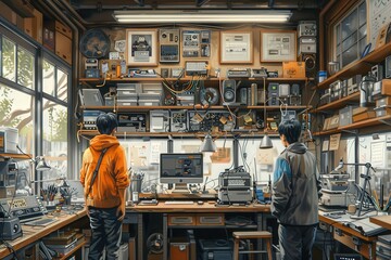 Two people work in a high-tech lab with a vintage style, surrounded by electronic equipment, tools, and computers, demonstrating a blend of old and new technology.