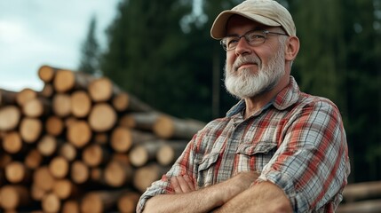 Forestry worker at work. Logger. Woodcutter. Work on harvesting firewood. Heating with firewood. Man at sawmill