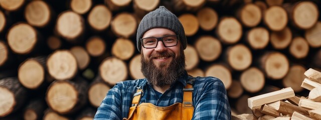 Forestry worker at work. Logger. Woodcutter. Work on harvesting firewood. Heating with firewood. Man at sawmill