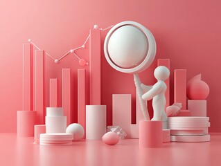 Aufkleber - 3D illustration of a white figure with a magnifying glass searching for growth in a pink background.