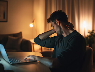 Handsome man stretching his neck while working at a laptop in the evening. Massaging neck pain in living room.