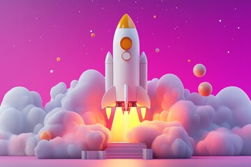 Aufkleber - Cartoon rocket launching through clouds.