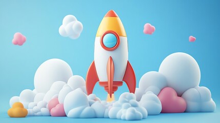 Aufkleber - Cartoon Rocket Launch with Clouds.