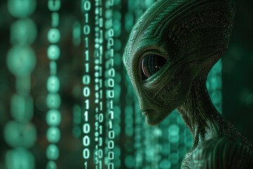 An alien amidst a cascade of green binary code resembling a matrix. The alien stares at the wall of tumbling glowing emerald numbers and symbols.