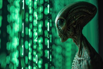 Wall Mural - The alien stares at the wall of tumbling glowing emerald numbers and symbols. An alien amidst a cascade of green binary code resembling a matrix.