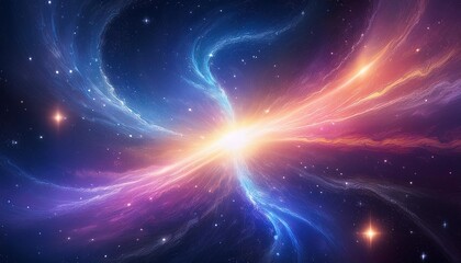 Poster - Abstract cosmic illustration depicting vibrant swirling colors of blue, pink, and orange radiating from a central bright light source