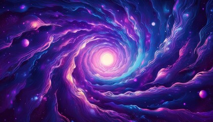 Poster - Abstract depiction of a swirling galaxy with vibrant purple, blue, and pink colors, creating a cosmic and ethereal atmosphere