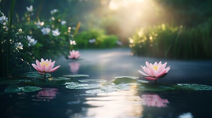 Wall Mural - Soft morning light illuminating a tranquil garden pond with lilies floating on the surface.